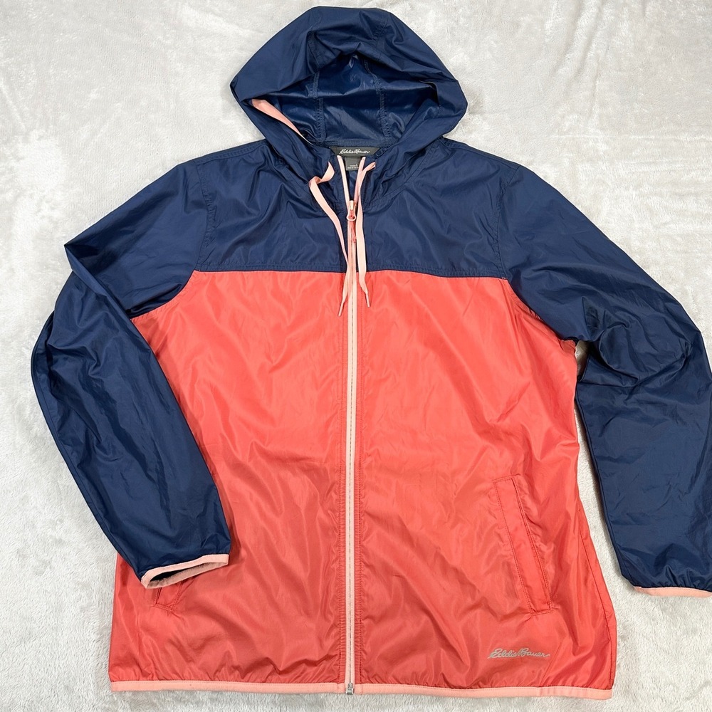 Eddie Bauer Jacket Womens Large Windbreaker Colorblock Navy Coral Lightweight
